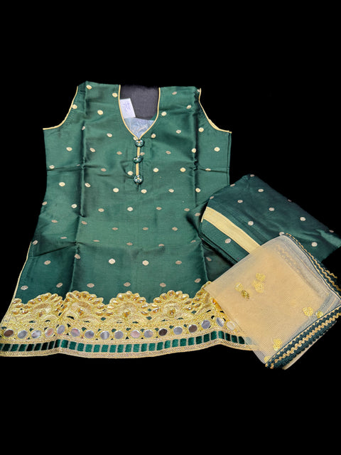 Green colour silk based golden zari dotted kids punjabi suit