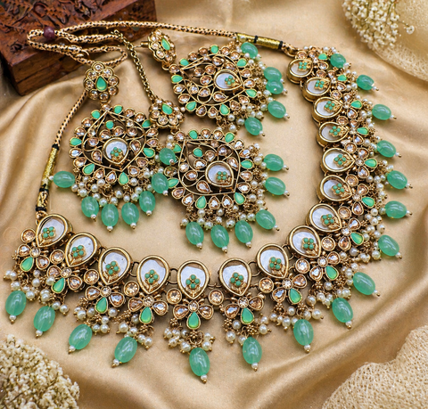 Original Polki stone with pearls beaded work beautiful necklace with earrings and tikka set