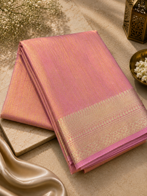 Soft Silk Tissue Saree with Dual Tone Metallic Finish .Model-worn blouse is for reference only. Unstitched blouse piece is attached with saree(slight variation in color & design is possible)