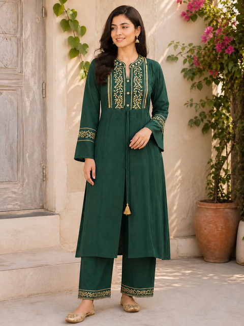 Size 38 Rayon Based Embroidery work Kurti With Plazo pants (slight variance in color and design is possible)