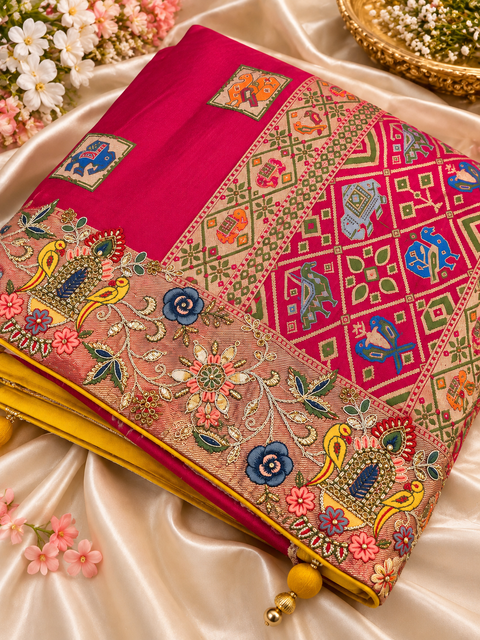 Premium soft silk saree with rich multicolour elephant motifs, intricate floral detailing and a heavily designed traditional border & pallu. Model blouse is for reference only; blouse piece is attached.