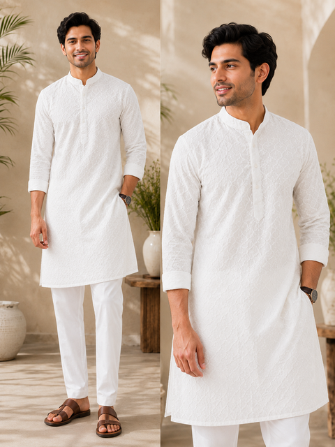 White colour cotton  based chikankari work kurta with white pajama(slight variation in color and design is possible)