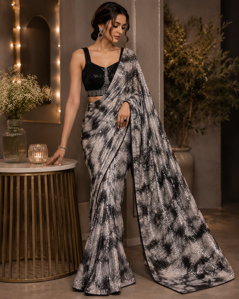 Heavy all-over sequin saree paired with a beautifully handcrafted designer blouse, offering a premium festive look with a graceful drape and elegant fall (slight variation in color and design is possible)blouse size 38-40