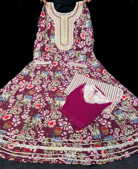 Rayon based embroidery work neck design flared kurti with pants & dupatta