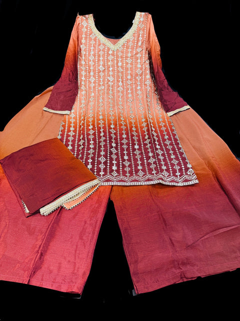 Ombré shades Georgette based sequined and embroidery work kameez with sharara pants and Georgette dupatta