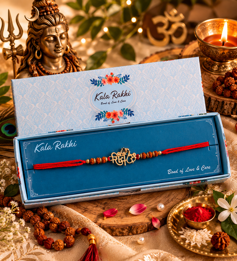 Stylish stone designer Rakhi with pearl detailing, presented in a premium gift box
