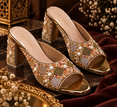 Elegant open-toe block heels with beautiful pearl, bead and stone work all over. The comfortable slip-on style and embellished heel make them perfect for weddings, parties and festive wear.