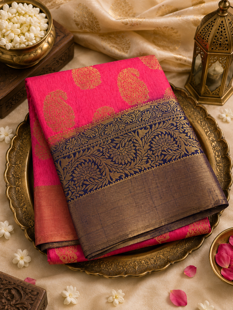 Art silk beautiful design Saree with contrast Pallu and Blouse , blouse piece is attached to Saree(slight variation in color and design is possible)