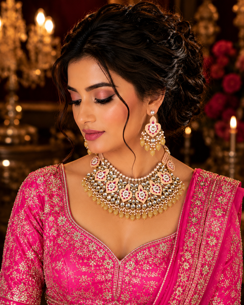 Pastel peach and pastel yellow golden colour beautiful meenakari work with kundan stones & beads pearls necklace set(slight variation in color and design is possible)