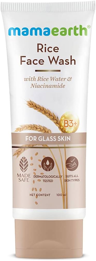 MAMAEARTH Rice Water Face Wash with Niacinamide | Gentle Exfoliating Cleanser for Radiant Skin | Hydrating Formula | All Skin Type | 3.38 Fl Oz (100ml)