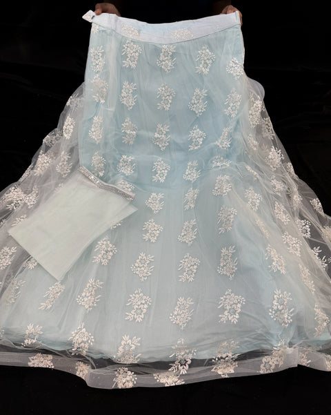 Beautiful embroidery and stone work long top with netting lehnga and dupatta