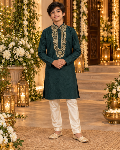 Soft jacquard silk-blend kurta with gold embroidery and Comes with a cream-golden pajama.
Slight variation in colour and design is possible.