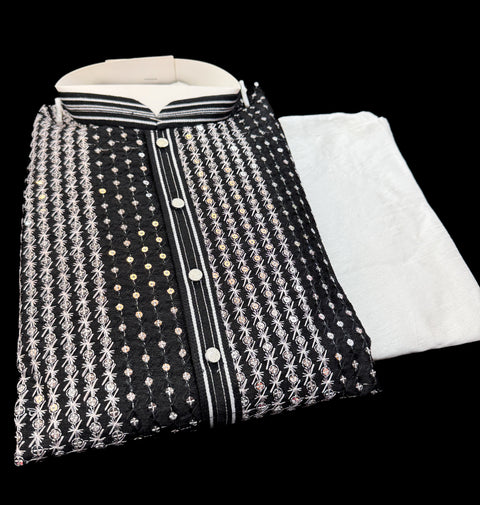 Raw Silk Based Beautiful Embroidery Work At Front And Back With Sequins Work Designer Kurta & White Pajama