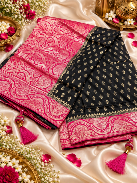 Soft & glossy crepe silk saree with a smooth, lightweight feel and beautifully flowy drape. Featuring rich woven zari floral motifs and an elegant detailed border .Blouse piece included. Slight variation in colour and design is possible.