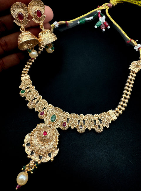 Mat look antique gold traditional necklace with pearls and kundan work & Jhumka