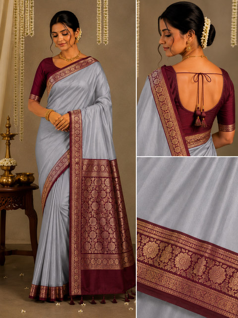 Plain silk Saree with contrast zari border and contrast plain Blouse, Model-Worn Blouse Is For Reference Only. Unstitched Blouse Piece Is Attached With Saree(Slight Variation In Color & Design Is Possible)