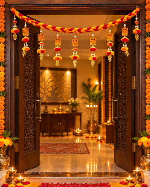 Ganesha design Festive Diwali Door Toran – Beautifully designed with colourful pom-poms, pearl detailing and elegant golden hanging accents. Slight variation in colour and design may occur