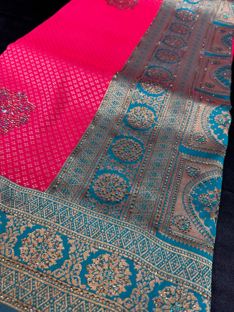 Pink color with teal contrast Beautiful soft Banarai silk Saree with stone work and designer contrast blouse