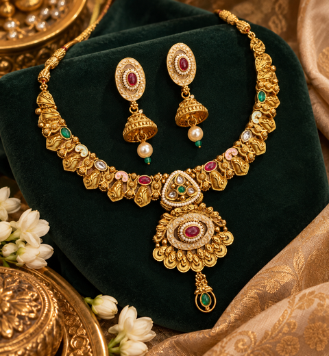 Elegant temple-style gold necklace set with intricate detailing, multicolour stones and pearl accents. Comes with matching jhumka earrings.(slight variation in color & design may occur)