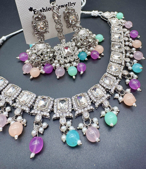 Jerkan stone with pearls beaded work beautiful necklace with jhumka and tikka set