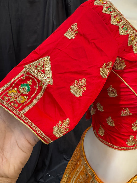 (Video clip attached)SIZE 42 (Upto 44))Mustard & Red Banarasi silk Based Beautiful hand Embroidery Work With Golden Fine Stones work heavy Ken Ken Designer semi/Bridal Lehnga With Heavy Tessels Attached To Blouse & Lehnga