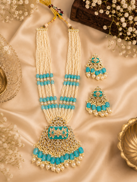 Pearls work with kundan stone & Meenakari work beautiful Rani haar /long necklace set with beautiful Earrings(slight variation in color and design is possible )