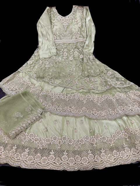Pastel Mint color Netting based Golden stones and embroidery work all over front & back of kameez & long Jacket with stone work and beautiful lehnga & netting dupatta (Size 42 and can be altered upto 44)