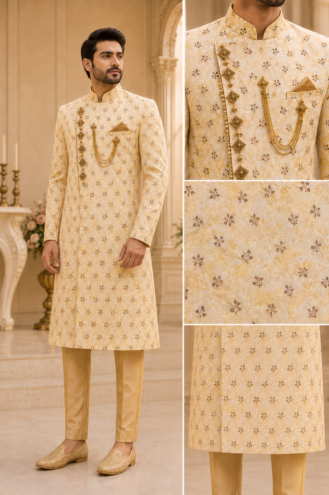 Premium ivory floral jacquard sherwani with elegant gold detailing and royal chain embellishments, crafted for a luxurious wedding and festive look. Slight variation in color and design may occur.