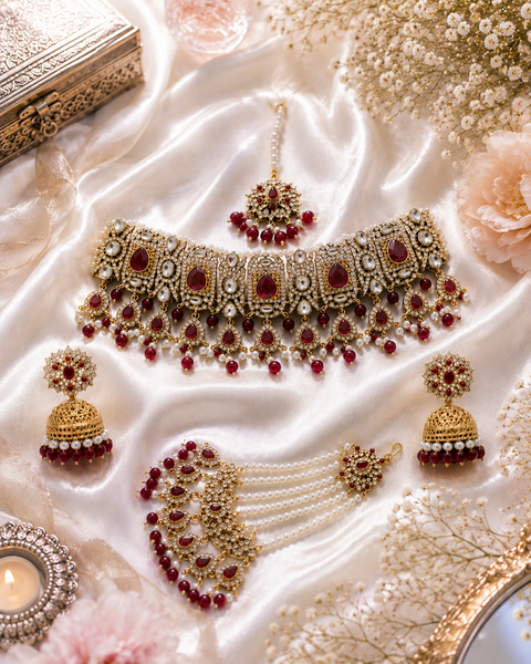 Deep Maroon Stones With Jerkan Stones & Moti Work Beautiful Necklace Set With Pasa (slight variation in color and design is possible)