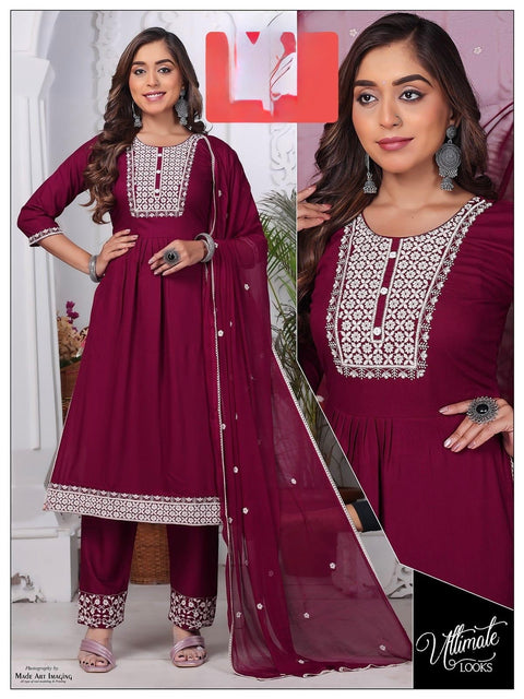 Rayon based embroidery work neck design flared kurti with pants & dupatta