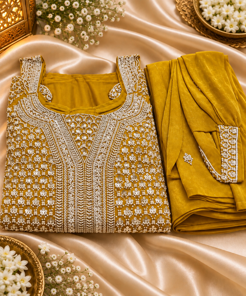 Elegant Fendy silk 3-piece set featuring rich all-over handwork on the top, with a beautifully handwork dupatta border& two tone shimmery circular plazo.Slight variation in colour and design