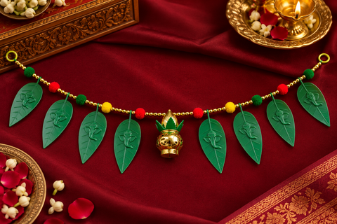 Festive Diwali Door Toran – Beautifully designed with colourful pom-poms, pearl detailing and elegant golden hanging accents. Slight variation in colour and design may occur