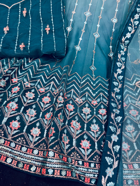 Ombré shades Netting based embroidery work multiflared beautiful lehnga with embroidery work design in blouse and embroidery dupatta (Unstitched Lehnga)