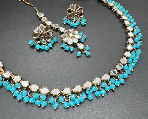 Beautiful pearls with mirrors beaded necklace with jhumka and tikka