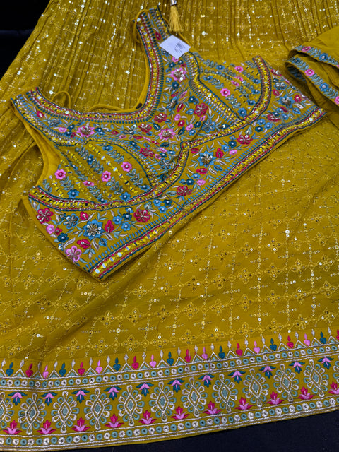 Georgette based embroidery with hand work crop top designer blouse with lehnga and Georgette dupatta