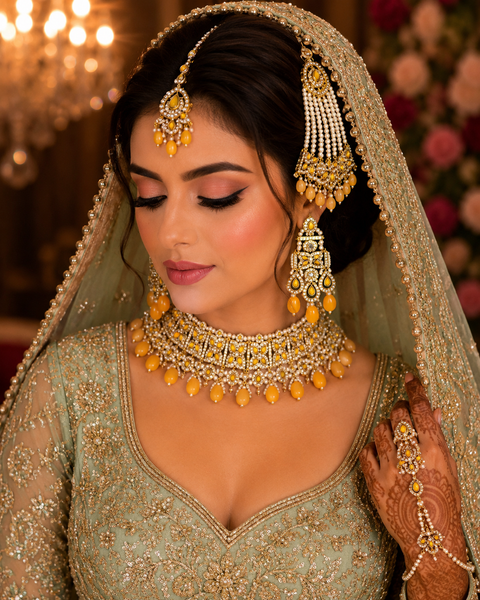 Mustard golden stones with jerkan stones & moti work beautiful necklace set with pasa (slight variation in color and design is possible)