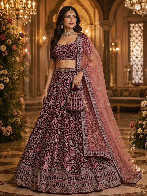 (Clip attached)Maroon  colour Georgette based heavy embroidery work with stone work multiflared beautiful bridal lehnga with attached latkans And exact embroidery Potli Bag