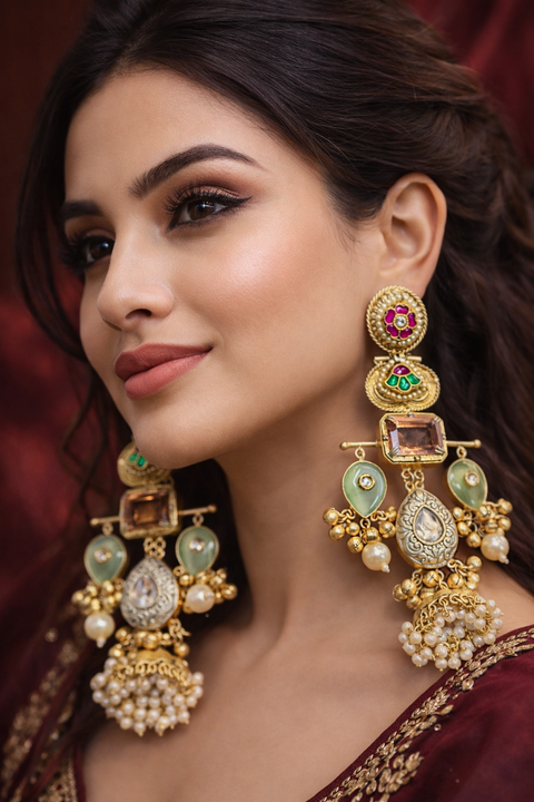 (Video clip attached)Trending Kashmiri Earrings /A stunning traditional Kundan-inspired statement earring featuring multi-tone stones and pearl hangings, perfect for weddings, festive occasions, and ethnic outfits
