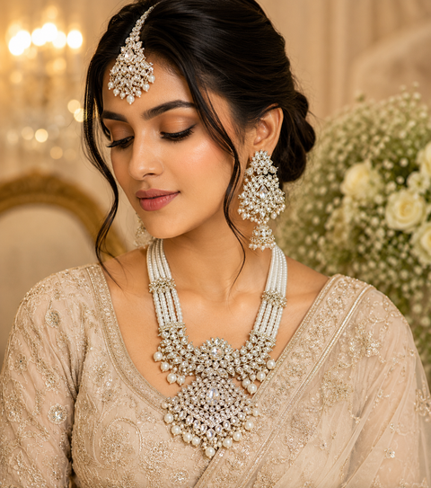 Silver Pearls Work With Kundan Stone Beautiful Rani Haar /Long Necklace Set With Beautiful Earrings
