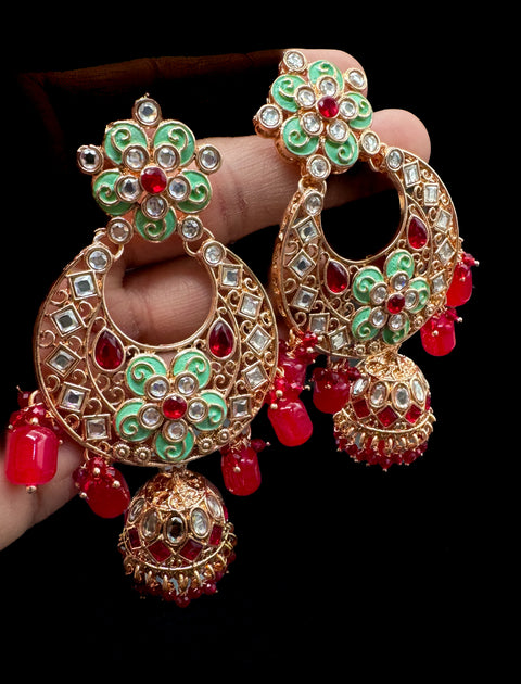 (video clip attached)Mint & Red color Original Kundan Polki stones with Meenkari & Pearls work Bridal necklace with beautiful Jhumka, tikka  , 2 Rings and Nath NOTE:- original Kundan Polki stones not fake plastic stones)