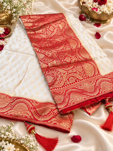 Soft & glossy crepe silk saree with a smooth, lightweight feel and beautifully flowy drape. Featuring rich woven zari floral motifs and an elegant detailed border .Blouse piece included. Slight variation in colour and design is possible.