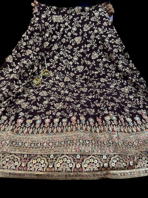 Georgette based embroidery work with sequins work all over lehnga and crop top designer blouse and netting sequined dupatta