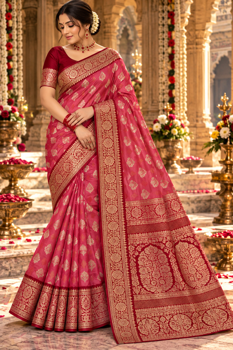 Dola Silk Saree with elegant all-over floral zari weaving and a rich contrasting woven border with detailed pallu. Soft, graceful drape.model blouse for reference only,Contrast blouse piece included.Slight variation in colour and design is possible.