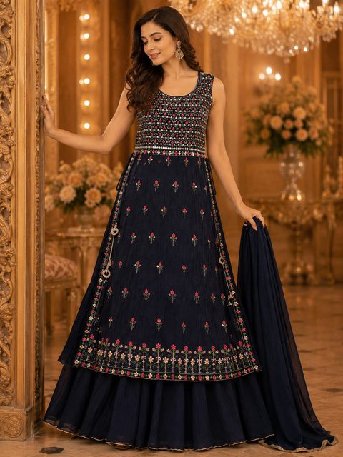 Georgette based embroidery with sequined work Nayra cut plazo suit (slight variation in color and design is possible)