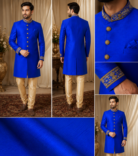 Elegant Royal blue sherwani with intricate embroidered detailing on the collar and cuffs, crafted for a regal and sophisticated wedding look. Slight variation in color and design may occur.
