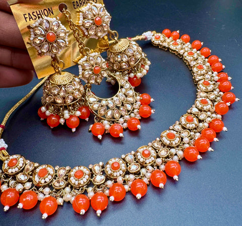 Original Polki stone with pearls beaded work beautiful necklace with jhumka and tikka set