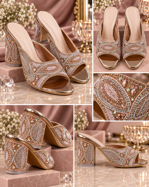 Rose-gold embellished heels with intricate hand embroidery, sparkling stonework and a statement block heel. A classy festive pair that adds the perfect touch of glamour to any outfit.