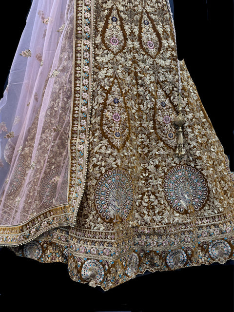 (Clip attached S-40(44))Brown colour velvet based beautiful peacock design embroidery work stones work very heavy layered ken heavy Designer Bridal Lehnga with heavy tessels attached to blouse & Lehnga & heavy work lace beaded dupatta