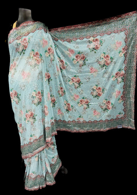Sequined Soft Fabric Designer Sarees In Print Work With contrast Sequined Blouse