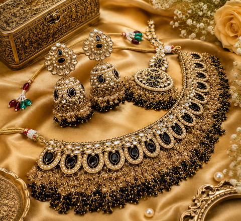 Heavy work Semi bridal style Polki stone with pearls beaded work beautiful necklace with jhumka and tikka set